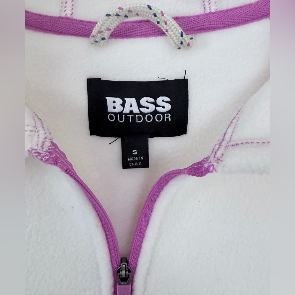 Bass Outdoor Cream & PurpleTrim Hooded Quarter Zip Fleece PullOver Top Small NWT - Picture 3 of 8